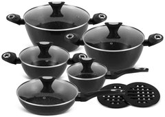 Набір кухонного посуду Edenberg 12 предметів із мармуровим антипригарним покриттям та скляними кришками Чорний