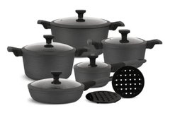Набір кухонного посуду Edenberg 12 предметів із мармуровим антипригарним покриттям та кришками Чорний