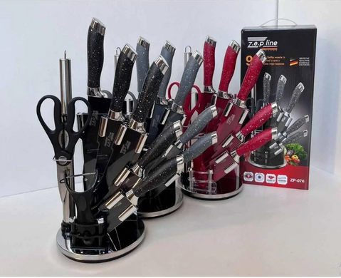 Набір ножів Zepline 9 предметів ножиці овочечистка нержавіюча сталь на підставці