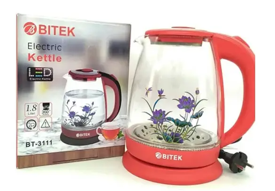 Електричний скляний чайник BITEK 2400Вт із підсвічуванням 1.8л + безкоштовна доставка!