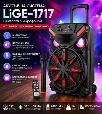 Портативная акустическая система 12" 25Вт с Bluetooth микрофоном на аккумуляторе 2000мA на колесах LiGE-1717 Black