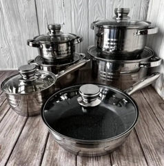 Набір посуду German Family з нержавіючої сталі (12 предметів) з багатошаровим дном Набір каструль та сковорода