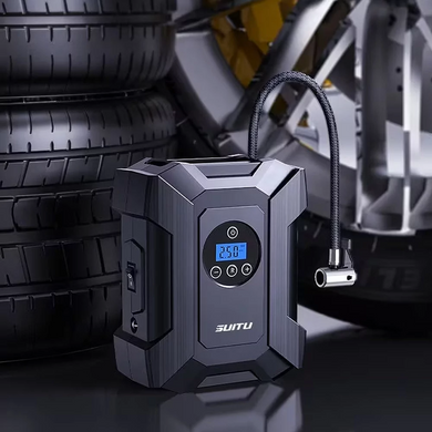 Автомобільний компресор 120Вт 150PSI 12В від прикурювача з дисплеєм, насадками та захисним кейсом Suitu ST-818 Black