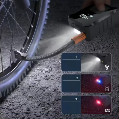 Автомобільний акумуляторний компресор 150 PSI 6000 mAh з дисплеєм, насадками та LED-ліхтариком М-007 Black