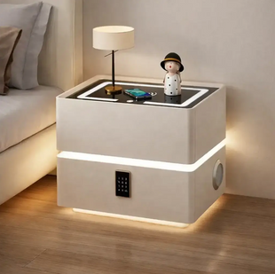 Приліжкова тумба OKOP KP-589 з сейфом, кодовим замком, Bluetooth-колонкою, RGB LED-підсвічуванням, USB-портом і бездротовою зарядкою, біла/чорна