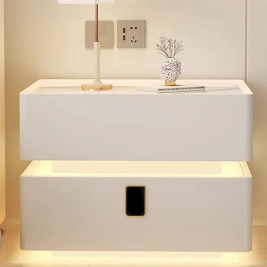 Приліжкова тумба OKOP KP-589 з сейфом, кодовим замком, Bluetooth-колонкою, RGB LED-підсвічуванням, USB-портом і бездротовою зарядкою, біла/чорна