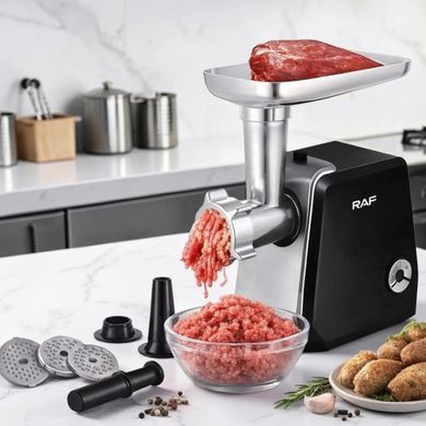 Мясорубка электрическая RAF R.3374 1000W для дома с реверсом, насадками для фарша, домашних колбас и кеббе, 3 диска для помола, нож из нержавеющей стали