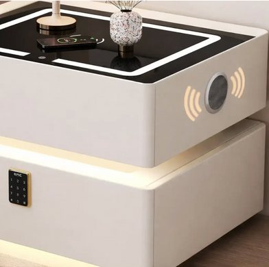 Приліжкова тумба OKOP KP-589 з сейфом, кодовим замком, Bluetooth-колонкою, RGB LED-підсвічуванням, USB-портом і бездротовою зарядкою, біла/чорна