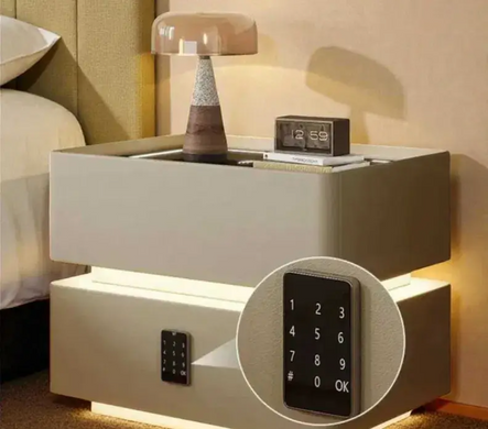 Приліжкова тумба OKOP KP-589 з сейфом, кодовим замком, Bluetooth-колонкою, RGB LED-підсвічуванням, USB-портом і бездротовою зарядкою, біла/чорна