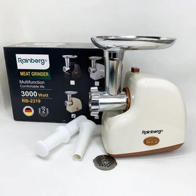 Мясорубка электрическая Rainberg RB-2319 3000W для дома с защитой двигателя, реверсом, насадками для колбас и кеббе, 3 решетки для фарша, электромясорубка бежевая