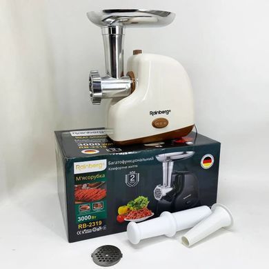 Мясорубка электрическая Rainberg RB-2319 3000W для дома с защитой двигателя, реверсом, насадками для колбас и кеббе, 3 решетки для фарша, электромясорубка бежевая