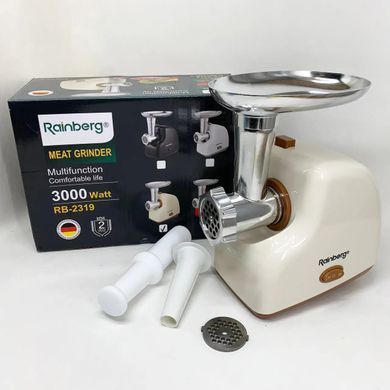 Мясорубка электрическая Rainberg RB-2319 3000W для дома с защитой двигателя, реверсом, насадками для колбас и кеббе, 3 решетки для фарша, электромясорубка бежевая