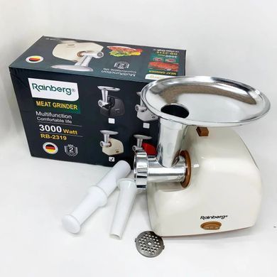 Мясорубка электрическая Rainberg RB-2319 3000W для дома с защитой двигателя, реверсом, насадками для колбас и кеббе, 3 решетки для фарша, электромясорубка бежевая