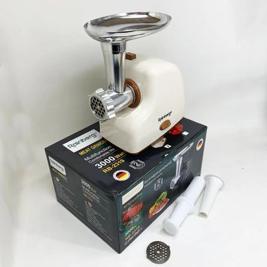 Мясорубка электрическая Rainberg RB-2319 3000W для дома с защитой двигателя, реверсом, насадками для колбас и кеббе, 3 решетки для фарша, электромясорубка бежевая