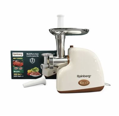 Мясорубка электрическая Rainberg RB-2319 3000W для дома с защитой двигателя, реверсом, насадками для колбас и кеббе, 3 решетки для фарша, электромясорубка бежевая