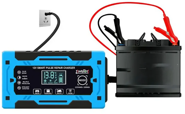 Імпульсний зарядний пристрій для акумуляторів 12V 10A з дисплеєм, автоматичною зарядкою та захистом Blue