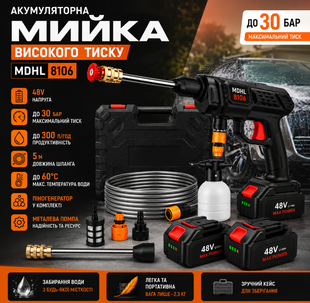Акумуляторна мийка високого тиску MDHL 8106 &mdash; бездротова мінімийка для авто, 48V, 2 акумулятори, у кейсі