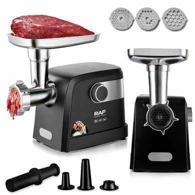Мясорубка электрическая RAF R-3362 1000W для дома с реверсом, 3 решетками для фарша, насадками для колбас и кеббе, защита от перегрузки, мощная электромясорубка
