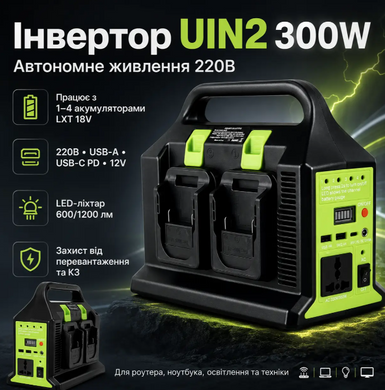 Перетворювач напруги (UIN2) 300W з 12V на 220V / Інвертор живлення з виходом 220В для акумуляторів LXT USB, Type-C, 12В, LED