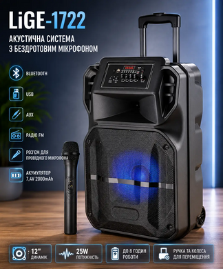 Акустична система переносна колонка 25Вт 12" з мікрофоном USB Bluetooth AUX на акумуляторі 2000мА LiGE-1722 Black