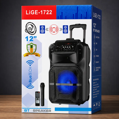 Акустична система переносна колонка 25Вт 12" з мікрофоном USB Bluetooth AUX на акумуляторі 2000мА LiGE-1722 Black