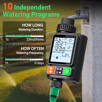 Умный программируемый таймер полива XON Water Timer X-344, 3/4", до 10 программ, ЖК-дисплей, IP54, для сада и огорода, черный